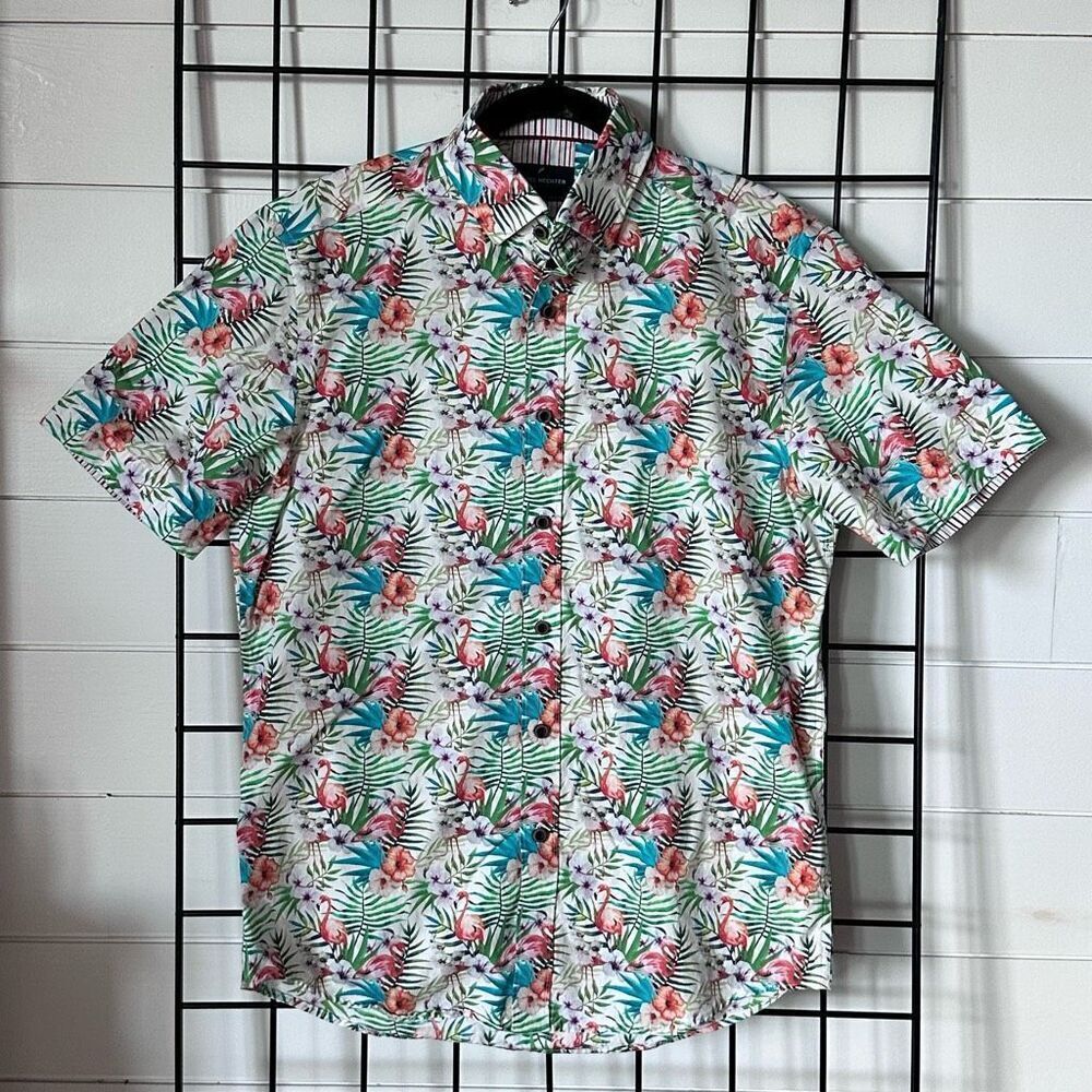 Daniel Hechter Paris Mens SS Button Up Shirt M Blue Multicolor Flamingo Floral